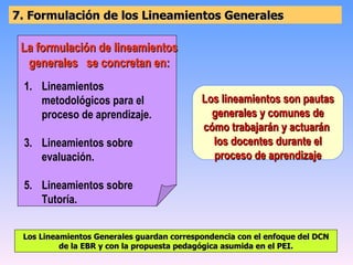 7. Formulación de los Lineamientos Generales  Los lineamientos son pautas generales y comunes de cómo trabajarán y actuarán  los docentes durante el proceso de aprendizaje La formulación de lineamientos generales  se concretan en: Lineamientos metodológicos para el proceso de aprendizaje. Lineamientos sobre evaluación. Lineamientos sobre Tutoría. Los Lineamientos Generales guardan correspondencia con el enfoque del DCN de la EBR y con la propuesta pedagógica asumida en el PEI. 