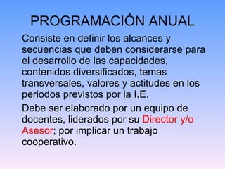 PROGRAMACIÓN ANUAL Consiste en definir los alcances y secuencias que deben considerarse para el desarrollo de las capacidades, contenidos diversificados, temas transversales, valores y actitudes en los periodos previstos por la I.E. Debe ser elaborado por un equipo de docentes, liderados por su  Director y/o Asesor ; por implicar un trabajo cooperativo. 