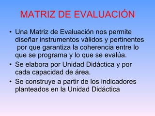MATRIZ DE EVALUACIÓN Una Matriz de Evaluación nos permite diseñar instrumentos válidos y pertinentes  por que garantiza la coherencia entre lo que se programa y lo que se evalúa. Se elabora por Unidad Didáctica y por cada capacidad de área. Se construye a partir de los indicadores planteados en la Unidad Didáctica  
