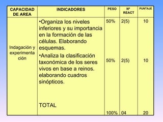 10 10 20 2(5) 2(5) 04 50% 50% 100% Organiza los niveles inferiores y su importancia en la formación de las células. Elaborando esquemas. Analiza la clasificación  taxonómica de los seres vivos en base a reinos. elaborando cuadros sinópticos. TOTAL Indagación y experimentación PUNTAJE Nº  REACT PESO INDICADORES CAPACIDAD DE AREA 
