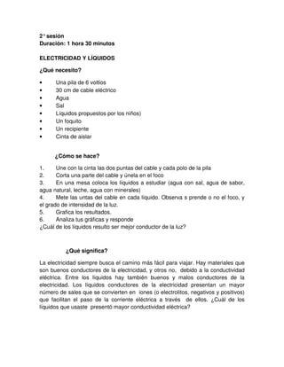 2°sesión
Duración: 1 hora 30 minutos
ELECTRICIDAD Y LÍQUIDOS
¿Qué necesito?
• Una pila de 6 voltios
• 30 cm de cable eléctrico
• Agua
• Sal
• Líquidos propuestos por los niños)
• Un foquito
• Un recipiente
• Cinta de aislar
¿Cómo se hace?
1. Une con la cinta las dos puntas del cable y cada polo de la pila
2. Corta una parte del cable y únela en el foco
3. En una mesa coloca los líquidos a estudiar (agua con sal, agua de sabor,
agua natural, leche, agua con minerales)
4. Mete las untas del cable en cada líquido. Observa s prende o no el foco, y
el grado de intensidad de la luz.
5. Grafica los resultados.
6. Analiza tus gráficas y responde
¿Cuál de los líquidos resulto ser mejor conductor de la luz?
¿Qué significa?
La electricidad siempre busca el camino más fácil para viajar. Hay materiales que
son buenos conductores de la electricidad, y otros no, debido a la conductividad
eléctrica. Entre los líquidos hay también buenos y malos conductores de la
electricidad. Los líquidos conductores de la electricidad presentan un mayor
número de sales que se convierten en iones (o electrolitos, negativos y positivos)
que facilitan el paso de la corriente eléctrica a través de ellos. ¿Cuál de los
líquidos que usaste presentó mayor conductividad eléctrica?
 