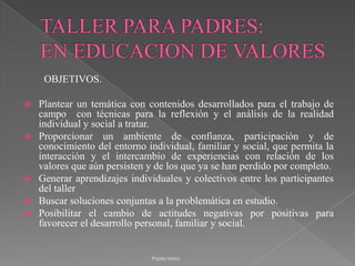 TALLER PARA PADRES:EN EDUCACION DE VALORESOBJETIVOS.Plantear un temática con contenidos desarrollados para el trabajo de campo  con técnicas para la reflexión y el análisis de la realidad individual y social a tratar.Proporcionar un ambiente de confianza, participación y de conocimiento del entorno individual, familiar y social, que permita la interacción y el intercambio de experiencias con relación de los valores que aún persisten y de los que ya se han perdido por completo.Generar aprendizajes individuales y colectivos entre los participantes del tallerBuscar soluciones conjuntas a la problemática en estudio.Posibilitar el cambio de actitudes negativas por positivas para favorecer el desarrollo personal, familiar y social.Paola Mora