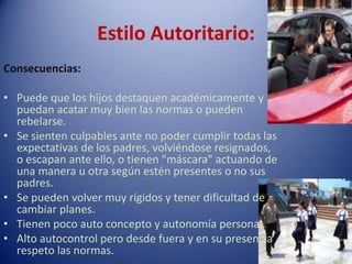 Consecuencias: Puede que los hijos destaquen académicamente y puedan acatar muy bien las normas o pueden rebelarse.Se sienten culpables ante no poder cumplir todas las expectativas de los padres, volviéndose resignados, o escapan ante ello, o tienen "máscara" actuando de una manera u otra según estén presentes o no sus padres.Se pueden volver muy rígidos y tener dificultad de cambiar planes.Tienen poco auto concepto y autonomía personal.Alto autocontrol pero desde fuera y en su presencia respeto las normas.Estilo Autoritario:
