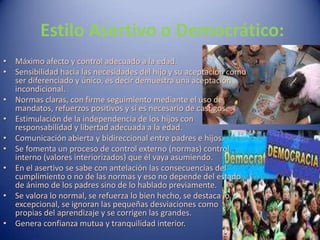  Estilo Asertivo o Democrático:Máximo afecto y control adecuado a la edad.Sensibilidad hacia las necesidades del hijo y su aceptación como ser diferenciado y único, es decir demuestra una aceptación incondicional.Normas claras, con firme seguimiento mediante el uso de mandatos, refuerzos positivos y si es necesario de castigos.Estimulación de la independencia de los hijos con responsabilidad y libertad adecuada a la edad.Comunicación abierta y bidireccional entre padres e hijos.Se fomenta un proceso de control externo (normas) control interno (valores interiorizados) que él vaya asumiendo.En el asertivo se sabe con antelación las consecuencias del cumplimiento o no de las normas y eso no depende del estado de ánimo de los padres sino de lo hablado previamente. Se valora lo normal, se refuerza lo bien hecho, se destaca lo excepcional, se ignoran las pequeñas desviaciones como propias del aprendizaje y se corrigen las grandes.Genera confianza mutua y tranquilidad interior.