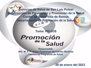 Servicios de Salud de San Luis Potosí
Subdirección de Prevención y Promoción de la Salud
Centro de Salud Villa de Ramos
Departamento de Promoción de la Salud
Tema: PIOJOS
Responsable:
ING. M. S. P. Jesús Guadalupe Hernández Martínez
Técnico en Programas de Salud.
20 de enero del 2023
 