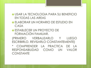  USAR LA TECNOLOGIA PARA SU BENEFICIO
EN TODAS LAS AREAS
ELABORAR UN HORARIO DE ESTUDIO EN
CASA
ESTABLECER UN PROYECTO DE
FORMACIÓN FAMILIAR.
(PRIMERO VERBALIZARLO Y LUEGO
ESCRIBIRLO. REVISARLO CONSTANTEMENTE)
* COMPRENDER LA PRACTICA DE LA
RESPONSABILIDAD COMO UN VALOR
CONSTANTE