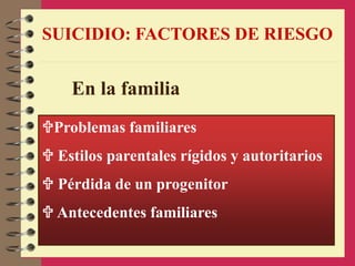 SUICIDIO: FACTORES DE RIESGO
Problemas familiares
 Estilos parentales rígidos y autoritarios
 Pérdida de un progenitor
 Antecedentes familiares
En la familia
 