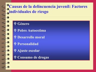 Causas de la delincuencia juvenil: Factores
individuales de riesgo
 Género
 Pobre Autoestima
 Desarrollo moral
 Personalidad
 Ajuste escolar
 Consumo de drogas
 