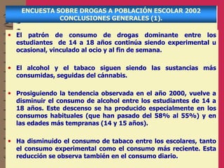 ENCUESTA SOBRE DROGAS A POBLACIÓN ESCOLAR 2002
CONCLUSIONES GENERALES (1).
• El patrón de consumo de drogas dominante entre los
estudiantes de 14 a 18 años continúa siendo experimental u
ocasional, vinculado al ocio y al fin de semana.
• El alcohol y el tabaco siguen siendo las sustancias más
consumidas, seguidas del cánnabis.
• Prosiguiendo la tendencia observada en el año 2000, vuelve a
disminuir el consumo de alcohol entre los estudiantes de 14 a
18 años. Este descenso se ha producido especialmente en los
consumos habituales (que han pasado del 58% al 55%) y en
las edades más tempranas (14 y 15 años).
• Ha disminuido el consumo de tabaco entre los escolares, tanto
el consumo experimental como el consumo más reciente. Esta
reducción se observa también en el consumo diario.
 