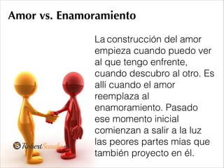 Amor vs. Enamoramiento
La construcción del amor
empieza cuando puedo ver
al que tengo enfrente,
cuando descubro al otro. Es
allí cuando el amor
reemplaza al
enamoramiento. Pasado
ese momento inicial
comienzan a salir a la luz
las peores partes mías que
también proyecto en él.
 