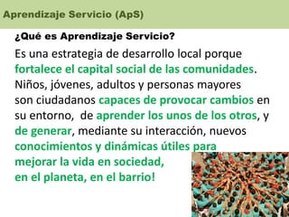Aprendizaje Servicio (ApS)
¿Qué es Aprendizaje Servicio?
Es una estrategia de desarrollo local porque
fortalece el capital social de las comunidades.
Niños, jóvenes, adultos y personas mayores
son ciudadanos capaces de provocar cambios en
su entorno, de aprender los unos de los otros, y
de generar, mediante su interacción, nuevos
conocimientos y dinámicas útiles para
mejorar la vida en sociedad,
en el planeta, en el barrio!
 
