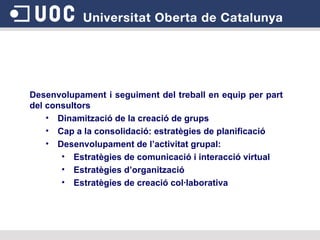 Desenvolupament i seguiment del treball en equip per part del consultors Dinamització de la creació de grups Cap a la consolidació: estratègies de planificació Desenvolupament de l’activitat grupal: Estratègies de comunicació i interacció virtual Estratègies d’organització Estratègies de creació col·laborativa 