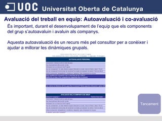 Avaluació del treball en equip:  Autoavaluació i co-avaluació És important, durant el desenvolupament de l’equip que els components del grup s’autoavaluin i avaluin als companys. Aquesta autoavaluació és un recurs més pel consultor per a conèixer i ajudar a millorar les dinàmiques grupals. Tancament 