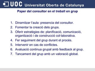 Dinamitzar l’aula: presencia del consultor. Fomentar la creació dels grups. Oferir estratègies de: planificació, comunicació, organització i de construcció col·laborativa. Fer seguiment del grup durant el procés. Intervenir en cas de conflictes. Avaluació continua grupal amb feedback al grup. Tancament del grup amb un valoració global. Paper del consultor en el treball en grup 