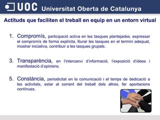 Actituds que faciliten el treball en equip en un entorn virtual Compromís,  participació activa en les tasques plantejades, expressar el compromís de forma explícita, lliurar les tasques en el termini adequat, mostrar iniciativa, contribuir a les tasques grupals. Transparència,  en l’intercanvi d’informació, l’exposició d’idees i manifestació d’opinions. Constància,  periodicitat en la comunicació i el temps de dedicació a les activitats, estar al corrent del treball dels altres, fer aportacions contínues. 
