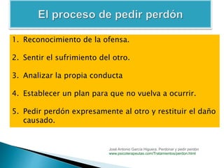 1. Reconocimiento de la ofensa.
2. Sentir el sufrimiento del otro.
3. Analizar la propia conducta
4. Establecer un plan para que no vuelva a ocurrir.
5. Pedir perdón expresamente al otro y restituir el daño
causado.
José Antonio García Higuera. Perdonar y pedir perdón
www.psicoterapeutas.com/Tratamientos/perdon.html
 