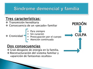 Tres características:
 Transmisión hereditaria
 Consecuencia de un «pecado» familiar
 Cronicidad
 Para siempre
 Sin curación
 Preocupación por el cuerpo
 Atención continuada
CULPA
Dos consecuencias
 Gran desgaste de energía en la familia.
 Reestructuración del sistema familiar y
«aparición de fantasmas ocultos»
PERDÓN
 