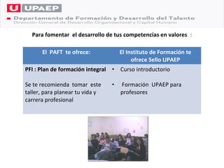 Para fomentar el desarrollo de tus competencias en valores :

      El PAFT te ofrece:             El Instituto de Formación te
                                          ofrece Sello UPAEP
PFI : Plan de formación integral •   Curso introductorio

Se te recomienda tomar este      •   Formación UPAEP para
taller, para planear tu vida y       profesores
carrera profesional
 
