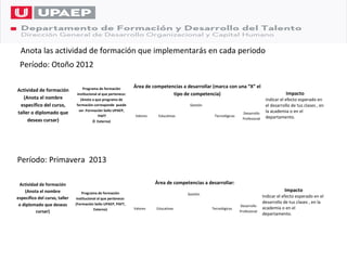 Anota las actividad de formación que implementarás en cada periodo
 Período: Otoño 2012

                                   Programa de formación         Área de competencias a desarrollar (marca con una “X” el
Actividad de formación
                               institucional al que pertenece:                   tipo de competencia)                                          Impacto
   (Anota el nombre              (Anota a que programa de                                                                           Indicar el efecto esperado en
 específico del curso,         formación corresponde puede                                Gestión                                   el desarrollo de tus clases , en
                                ser :Formación Sello UPAEP,                                                                         la academia o en el
taller o diplomado que                                                                                               Desarrollo
                                             PAFT                Valores    Educativas               Tecnológicas                   departamento.
     deseas cursar)                                                                                                  Profesional
                                         Ó Externo)




Período: Primavera 2013

 Actividad de formación                                                    Área de competencias a desarrollar:
    (Anota el nombre               Programa de formación
                                                                                                                                              Impacto
                                                                                         Gestión
específico del curso, taller   institucional al que pertenece:
                                                                                                                                   Indicar el efecto esperado en el
                               (Formación Sello UPAEP, PAFT,                                                                       desarrollo de tus clases , en la
 o diplomado que deseas                                                                                             Desarrollo
                                          Externo)               Valores   Educativas               Tecnológicas                   academia o en el
          cursar)                                                                                                   Profesional
                                                                                                                                   departamento.
 
