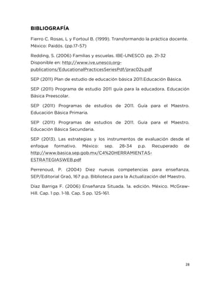28
BIBLIOGRAFÍA
Fierro C. Rosas, L y Fortoul B. (1999). Transformando la práctica docente.
México: Paidós. (pp.17-57)
Redding, S. (2006) Familias y escuelas. IBE-UNESCO. pp. 21-32
Disponible en: http://www.ive.unesco,org-
publications/EducationalPracticesSeriesPdf/prac02s.pdf
SEP (2011) Plan de estudio de educación básica 2011.Educación Básica.
SEP (2011) Programa de estudio 2011 guía para la educadora. Educación
Básica Preescolar.
SEP (2011) Programas de estudios de 2011. Guía para el Maestro.
Educación Básica Primaria.
SEP (2011) Programas de estudios de 2011. Guía para el Maestro.
Educación Básica Secundaria.
SEP (2013). Las estrategias y los instrumentos de evaluación desde el
enfoque formativo. México: sep. 28-34 p.p. Recuperado de
http://www.basica.sep.gob.mx/C4%20HERRAMIENTAS-
ESTRATEGIASWEB.pdf
Perrenoud, P. (2004) Diez nuevas competencias para enseñanza,
SEP/Editorial Graó, 167 p.p. Biblioteca para la Actualización del Maestro.
Díaz Barriga F. (2006) Enseñanza Situada. 1a. edición. México. McGraw-
Hill. Cap. 1 pp. 1-18. Cap. 5 pp. 125-161.
 