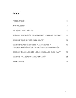 3
ÍNDICE
PRESENTACIÓN 3
INTRODUCCIÓN 4
PROPÓSITOS DEL TALLER 5
SESIÓN 1 “DESCRIPCIÓN DEL CONTEXTO INTERNO Y EXTERNO” 6
SESIÓN 2 “DIAGNÓSTICO EN EL GRUPO” 14
SESIÓN 3 “ELABORACIÓN DEL PLAN DE CLASE Y
FUNDAMENTACIÓN DE LA ESTRATEGIAS DE INTERVENCIÓN”
16
SESIÓN 4 “EVALUACIÓN DE LOS APRENDIZAJES EN EL AULA” 19
SESIÓN 5 “PLANEACIÓN ARGUMENTADA” 23
BIBLIOGRAFÍA 27
 