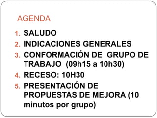 AGENDA
1. SALUDO
2. INDICACIONES GENERALES
3. CONFORMACIÓN DE GRUPO DE
   TRABAJO (09h15 a 10h30)
4. RECESO: 10H30
5. PRESENTACIÓN DE
   PROPUESTAS DE MEJORA (10
   minutos por grupo)
 