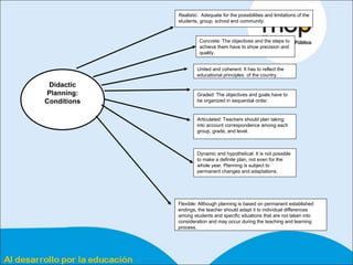 Didactic Planning: Conditions Realistic:  Adequate for the possibilities and limitations of the students, group, school and community.  Concrete: The objectives and the steps to achieve them have to show precision and quality. United and coherent: It has to reflect the educational principles  of the country. Graded: The objectives and goals have to be organized in sequential order. Articulated: Teachers should plan taking into account correspondence among each group, grade, and level. Dynamic and hypothetical: It is not possible to make a definite plan, not even for the whole year. Planning is subject to permanent changes and adaptations. Flexible: Although planning is based on permanent established endings, the teacher should adapt it to individual differences among students and specific situations that are not taken into consideration and may occur during the teaching and learning process.  