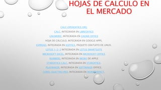 HOJAS DE CALCULO EN
EL MERCADO
CALC,OPENOFFICE.ORG
CALC, INTEGRADA EN LIBREOFFICE
GNUMERIC, INTEGRADA EN GNOME OFFICE
HOJA DE CÁLCULO, INTEGRADA EN GOOGLE APPS.
KSPREAD, INTEGRADA EN KOFFICE, PAQUETE GRATUITO DE LINUX.
LOTUS 1-2-3 INTEGRADA EN LOTUS SMARTSUITE
MICROSOFT EXCEL, INTEGRADA EN MICROSOFT OFFICE
NUMBERS, INTEGRADA EN IWORK DE APPLE
STAROFFICE CALC, INTEGRADA EN STAROFFICE.
PLAYMAKER, INTEGRADA EN SOFTMAKER OFFICE.
COREL QUATTRO PRO, INTEGRADA EN WORDPERFECT.
 