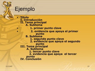 Ejemplo Título I. Introducción II. Tema principal       A. Subtema          1. primer punto clave    2. evidencia que apoya el primer  punto                      B. Subtema           1. segundo punto clave             2. evidencia que apoya el segundo  punto III. Tema principal        A. Subtema           1. tercer punto clave           2. evidencia que apoya  el tercer  punto  IV. Conclusión  