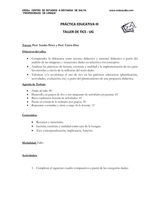 CEDSa- CENTRO DE ESTUDIOS A DISTANCIA DE SALTA. www.cedsasalta.com
“PROFESORADO DE LENGUA”
PRÁCTICA EDUCATIVA III
TALLER DE TICS - UG
Tutora: Prof. Sandra Pérez y Prof. Cintia Díaz
Objetivos del taller:
 Comprender la diferencia entre recurso didáctico y material didáctico a partir del
análisis de las imágenes y situaciones dadas en relación a los conceptos.
 Analizar las prácticas de lectura, escritura y oralidad y la implementación de tics para
favorecerlas a través de la reflexión del texto dado.
 Valorizar y/o revalorizar el uso de tics en las prácticas educativas (planificación,
actividades, evaluación, etc) a partir del planteamiento de una propuesta didáctica.
Agenda de Trabajo
 Tiempo del taller: 90´
 Desarrollo, en grupos de dos o tres integrantes de actividades propuestas: 45´
 Breve explicación docente de actividades: 10´
 Puesta en común de lo realizado por grupos: 20´
 Respuestas a consultas y cierre a cargo de la docente: 15´
Contenidos:
 Recursos y materiales.
 Lectura, escritura y oralidad como ejes de la Lengua.
 Tics: conceptualización, implicancia, función.
Modalidad: Taller.
Actividades:
1. Completar el siguiente cuadro comparativo a partir de las categorías dadas:
 