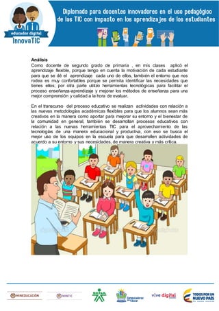 Análisis
Como docente de segundo grado de primaria , en mis clases aplicó el
aprendizaje flexible, porque tengo en cuenta la motivación de cada estudiante
para que se dé el aprendizaje cada uno de ellos, también el entorno que nos
rodea es muy confortables porque se permita identificar las necesidades que
tienes ellos; por otra parte utilizo herramientas tecnológicas para facilitar el
proceso enseñanza-aprendizaje y mejorar los métodos de enseñanza para una
mejor comprensión y calidad a la hora de evaluar.
En el transcurso del proceso educativo se realizan actividades con relación a
las nuevas metodologías académicas flexibles para que los alumnos sean más
creativos en la manera como aportar para mejorar su entorno y el bienestar de
la comunidad en general, también se desarrollan procesos educativos con
relación a las nuevas herramientas TIC para el aprovechamiento de las
tecnologías de una manera educacional y productiva, con eso se busca el
mejor uso de los equipos en la escuela para que desarrollen actividades de
acuerdo a su entorno y sus necesidades, de manera creativa y más crítica.
 