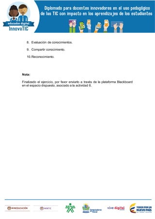 8. Evaluación de conocimientos.
9. Compartir conocimiento.
10.Reconocimiento.
Nota:
Finalizado el ejercicio, por favor enviarlo a través de la plataforma Blackboard
en el espacio dispuesto, asociado a la actividad 8.
 