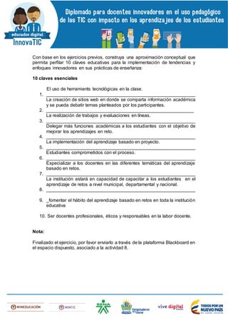 Con base en los ejercicios previos, construya una aproximación conceptual que
permita perfilar 10 claves educativas para la implementación de tendencias y
enfoques innovadores en sus prácticas de enseñanza:
10 claves esenciales
El uso de herramients tecnológicas en la clase.
1. __________________________________________________________
La creación de sitios web en donde se comparta información académica
y se pueda debatir temas planteados por los participantes.
2. _________________________________________________________
La realización de trabajos y evaluaciones en líneas.
3. __________________________________________________________
Delegar más funciones académicas a los estudiantes con el objetivo de
mejorar los aprendizajes en reto.
4. __________________________________________________________
La implementación del aprendizaje basado en proyecto.
5. __________________________________________________________
Estudiantes comprometidos con el proceso.
6. __________________________________________________________
Especializar a los docentes en las diferentes temáticas del aprendizaje
basado en retos.
7. __________________________________________________________
La institución estará en capacidad de capacitar a los estudiantes en el
aprendizaje de retos a nivel municipal, departamental y nacional.
8. __________________________________________________________
9. _fomentar el hábito del aprendizaje basado en retos en toda la institución
educativa
10. Ser docentes profesionales, éticos y responsables en la labor docente.
Nota:
Finalizado el ejercicio, por favor enviarlo a través de la plataforma Blackboard en
el espacio dispuesto, asociado a la actividad 8.
 