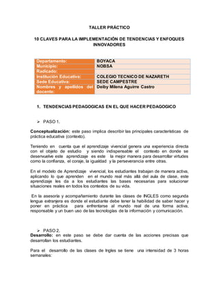 TALLER PRÁCTICO
10 CLAVES PARA LA IMPLEMENTACIÓN DE TENDENCIAS Y ENFOQUES
INNOVADORES
Departamento: BOYACA
Municipio: NOBSA
Radicado:
Institución Educativa: COLEGIO TECNICO DE NAZARETH
Sede Educativa: SEDE CAMPESTRE
Nombres y apellidos del
docente:
Deiby Milena Aguirre Castro
1. TENDENCIAS PEDAGOGICAS EN EL QUE HACER PEDAGOGICO
 PASO 1.
Conceptualización: este paso implica describir las principales características de
práctica educativa (contexto).
Teniendo en cuenta que el aprendizaje vivencial genera una experiencia directa
con el objeto de estudio y siendo indispensable el contexto en donde se
desenvuelve este aprendizaje es este la mejor manera para desarrollar virtudes
como la confianza, el coraje, la igualdad y la perseverancia entre otras.
En el modelo de Aprendizaje vivencial, los estudiantes trabajan de manera activa,
aplicando lo que aprenden en el mundo real más allá del aula de clase, este
aprendizaje les da a los estudiantes las bases necesarias para solucionar
situaciones reales en todos los contextos de su vida.
En la asesoría y acompañamiento durante las clases de INGLES como segunda
lengua extranjera es donde el estudiante debe tener la habilidad de saber hacer y
poner en práctica para enfrentarse al mundo real de una forma activa,
responsable y un buen uso de las tecnologías de la información y comunicación.
 PASO 2.
Desarrollo: en este paso se debe dar cuenta de las acciones precisas que
desarrollan los estudiantes.
Para el desarrollo de las clases de Ingles se tiene una intensidad de 3 horas
semanales:
 