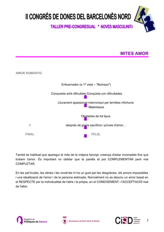 MITES AMOR



AMOR ROMÁNTIC


                                   Enlluernador (a 1ª vista – "flechazo")

                           Conquesta amb dificultats Conquista con dificultades

                                Lliurament apassionat interromput per terribles infortunis
                                                      Malentesos

                                                  Obstacles de tot tipus

          I                           després de grans sacrificis i proves d'amor...

       FINAL                                              FELIÇ




També és habitual que aparegui el mite de la mitjana taronja: creença d'estar incomplets fins que
trobem l'amor. És important no oblidar que la parella et pot COMPLEMENTAR però mai
COMPLETAR.

En les pel·lícules, les sèries i les novel·les hi ha un gust per les desgràcies, els amors impossibles
i una idealització de l'amor i de la persona estimada. Normalment no es descriu un amor basat en
el RESPECTE per la individualitat de l'altre i la pròpia, en el CONEIXEMENT i l'ACCEPTACIÓ real
de l'altre.




                                                                                                    7
 