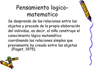Pensamiento logico-
         matematico
Se desprende de las relaciones entre los
objetos y procede de la propia elaboración
del individuo, es decir, el niño construye el
conocimiento lógico matemático
coordinando las relaciones simples que
previamente ha creado entre los objetos
  (Piaget, 1975).
 