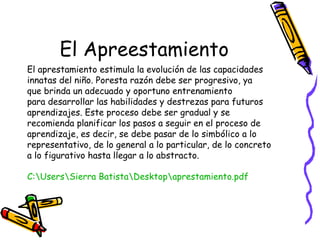 El Apreestamiento
El aprestamiento estimula la evolución de las capacidades
innatas del niño. Poresta razón debe ser progresivo, ya
que brinda un adecuado y oportuno entrenamiento
para desarrollar las habilidades y destrezas para futuros
aprendizajes. Este proceso debe ser gradual y se
recomienda planificar los pasos a seguir en el proceso de
aprendizaje, es decir, se debe pasar de lo simbólico a lo
representativo, de lo general a lo particular, de lo concreto
a lo figurativo hasta llegar a lo abstracto.

C:UsersSierra BatistaDesktopaprestamiento.pdf
 