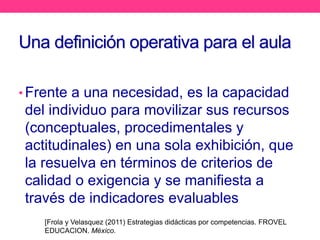 Una definición operativa para el aula
• Frente a una necesidad, es la capacidad
del individuo para movilizar sus recursos
(conceptuales, procedimentales y
actitudinales) en una sola exhibición, que
la resuelva en términos de criterios de
calidad o exigencia y se manifiesta a
través de indicadores evaluables
[Frola y Velasquez (2011) Estrategias didácticas por competencias. FROVEL
EDUCACION. México.
 