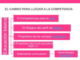 EL CAMINO PARA LLEGAR A LA COMPETENCIA
Educación
básica
5 Competencias para la vida
10 Rasgos del perfil de egreso
Propósitos de los campos formativos
8 Propósitos del nivel educativo
PEP-11
Estándares curriculares
Aprendizajes
esperados
 