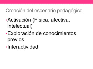 Creación del escenario pedagógico
•Activación (Física, afectiva,
intelectual)
•Exploración de conocimientos
previos
•Interactividad
 
