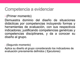 Competencia a evidenciar
• (Primer momento)
Demuestra dominio del diseño de situaciones
didácticas por competencias incluyendo formas y
herramientas de evaluación, con sus respectivos
indicadores; justificando competencias genéricas y
competencias disciplinares, y da a conocer su
diseño al grupo.
- (Segundo momento)
Aplica su diseño al grupo considerando los indicadores de
evaluación previamente definidos ( Ejecutores)
 