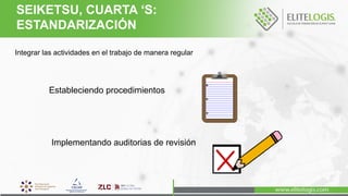  Integrar las actividades en el trabajo de manera regular
Estableciendo procedimientos
Implementando auditorias de revisión
SEIKETSU, CUARTA ‘S:
ESTANDARIZACIÓN
 