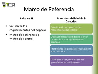 Marco de Referencia
Éxito de TI
• Satisfacer los
requerimientos del negocio
• Marco de Referencia o
Marco de Control
Es responsabilidad de la
Dirección
Estableciendo un vínculo con los
requerimientos del negocio
Organizando las actividades de TI en un
modelo de procesos generalmente
aceptado
Identificando los principales recursos de TI
a ser utilizados
Definiendo los objetivos de control
gerenciales a ser considerados
 