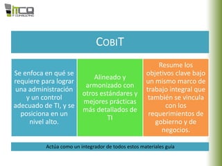 COBIT
Se enfoca en qué se
requiere para lograr
una administración
y un control
adecuado de TI, y se
posiciona en un
nivel alto.
Alineado y
armonizado con
otros estándares y
mejores prácticas
más detallados de
TI
Resume los
objetivos clave bajo
un mismo marco de
trabajo integral que
también se vincula
con los
requerimientos de
gobierno y de
negocios.
Actúa como un integrador de todos estos materiales guía
 