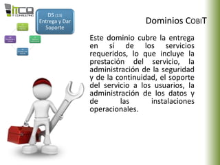 Dominios COBIT
DS (13)
Entrega y Dar
Soporte
Este dominio cubre la entrega
en sí de los servicios
requeridos, lo que incluye la
prestación del servicio, la
administración de la seguridad
y de la continuidad, el soporte
del servicio a los usuarios, la
administración de los datos y
de las instalaciones
operacionales.
 