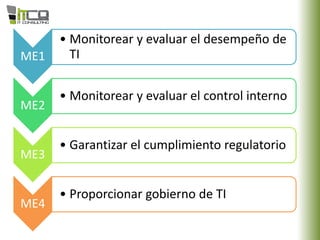 ME1
• Monitorear y evaluar el desempeño de
TI
ME2
• Monitorear y evaluar el control interno
ME3
• Garantizar el cumplimiento regulatorio
ME4
• Proporcionar gobierno de TI
 