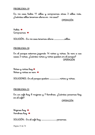 Página 15 de 74 
PROBLEMA 19 
En mi casa había 11 sillas y compramos otras 3 sillas más.
¿Cuántas sillas tenemos ahora en mi casa?
OPERACIÓN
Había
Compramos
SOLUCIÓN.- En mi casa tenemos ahora ……………………sillas. 
PROBLEMA 20 
En el parque estamos jugando 14 niños y niñas. Se van a sus
casas 3 niñas. ¿Cuántos niños y niños quedan en el parque?
OPERACIÓN
Niños y niñas hay
Niños y niñas se van
SOLUCIONES.-En el parque quedan …………………..niños y niñas. 
PROBLEMA 21 
En un café hay 8 mujeres y 7 hombres. ¿Cuántas personas hay
en el café?
OPERACIÓN
Mujeres hay
Hombres hay
SOLUCIÓN.- En el café hay ……………………………..personas.
 