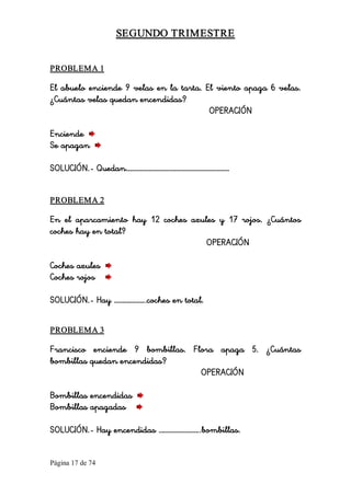 Página 17 de 74 
SEGUNDO TRIMESTRE 
PROBLEMA 1 
El abuelo enciende 9 velas en la tarta. El viento apaga 6 velas.
¿Cuántas velas quedan encendidas?
OPERACIÓN
Enciende
Se apagan
SOLUCIÓN.- Quedan………………………………………………………. 
PROBLEMA 2 
En el aparcamiento hay 12 coches azules y 17 rojos. ¿Cuántos
coches hay en total?
OPERACIÓN
Coches azules
Coches rojos
SOLUCIÓN.- Hay ………………..coches en total. 
PROBLEMA 3 
Francisco enciende 9 bombillas. Flora apaga 5. ¿Cuántas
bombillas quedan encendidas?
OPERACIÓN
Bombillas encendidas
Bombillas apagadas
SOLUCIÓN.- Hay encendidas ……………………..bombillas.
 