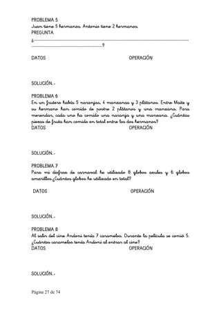 Página 27 de 74 
PROBLEMA 5
Juan tiene 5 hermanos. Antonio tiene 2 hermanos.
PREGUNTA
¿........................................................................................................................................
..............................................................?
DATOS OPERACIÓN
SOLUCIÓN.-
PROBLEMA 6
En un frutero había 5 naranjas, 4 manzanas y 3 plátanos. Entre Maite y
su hermano han comido de postre 2 plátanos y una manzana. Para
merendar, cada uno ha comido una naranja y una manzana. ¿Cuántas
piezas de fruta han comido en total entre los dos hermanos?
DATOS OPERACIÓN
SOLUCIÓN.-
PROBLEMA 7
Para mi disfraz de carnaval he utilizado 8 globos azules y 6 globos
amarillos.¿Cuántos globos he utilizado en total?
DATOS OPERACIÓN
SOLUCIÓN.-
PROBLEMA 8
Al salir del cine Andoni tenía 7 caramelos. Durante la película se comió 5.
¿Cuántos caramelos tenía Andoni al entrar al cine?
DATOS OPERACIÓN
SOLUCIÓN.-
 