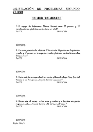 Página 30 de 74 
3.6.­RELACIÓN  DE  PROBLEMAS  SEGUNDO 
CURSO 
PRIMER  TRIMESTRE 
1.-El equipo de baloncesto 'Blanco Macael' tiene 57 puntos y 12
penalizaciones. ¿Cuántos puntos tiene en total?
DATOS OPERACIÓN
SOLUCIÓN.-
2.-En unas jornadas la clase de 2º ha sacado 34 puntos en la primera
prueba y 57 puntos en la segunda prueba. ¿Cuántos puntos tiene en las
dos pruebas?
DATOS OPERACIÓN
SOLUCIÓN.-
3.-Pedro sale de su casa a las 8 en punto y llega al colegio Ntra. Sra. del
Rosario a las 9 en punto. ¿Cuánto tiempo ha pasado?
DATOS OPERACIÓN
SOLUCIÓN.-
4.-Maria sale al recreo a las once y media y a las doce en punto
regresan a clase. ¿Cuánto tiempo está Maria en el recreo?
DATOS OPERACIÓN
SOLUCIÓN.-
 